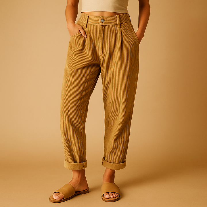 Stylish women's high waist straight leg corduroy trousers, an essential for your fall fashion wardrobe.