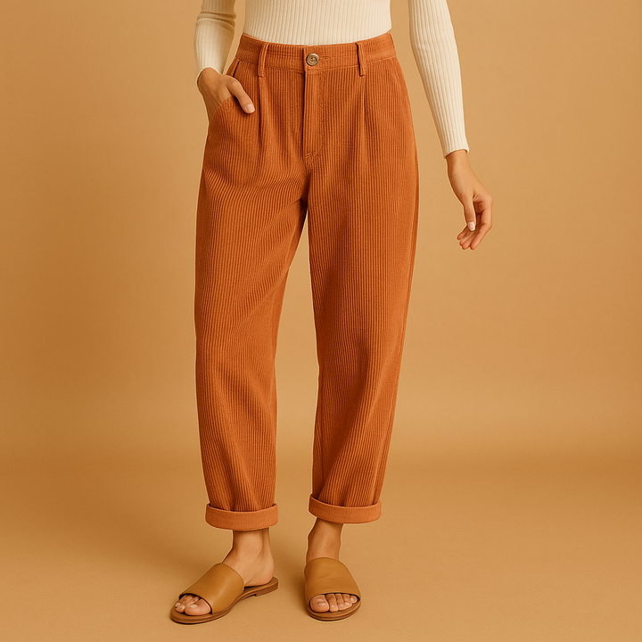 Flattering women's high waist corduroy trousers in a relaxed straight leg fit for chic autumn style.