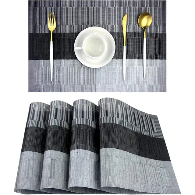 "Hitzebeständige, elegante PVC-Tischsets, 4 Stück, in Braun und Silber, waschbar, rutschfest, 30x45 cm, dekorativ."