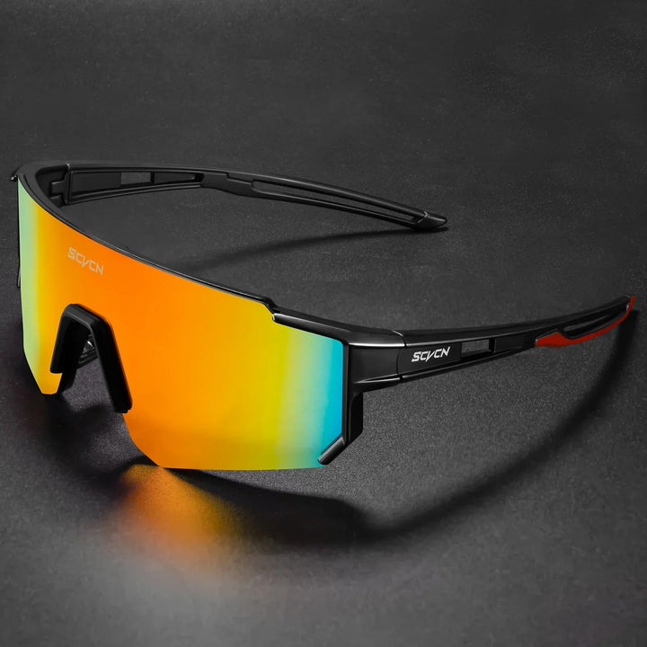 Hochleistungs-Sportsonnenbrille mit UV400 Schutz in frontaler Ansicht, ideal für Outdoor-Aktivitäten.