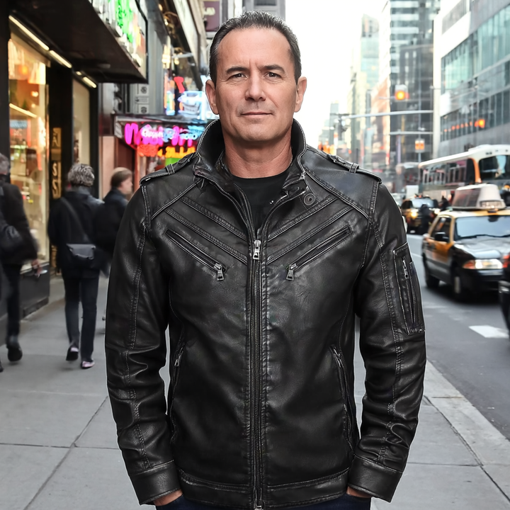 "Hochwertige Falco Lederjacke mit abnehmbarer Kapuze, wasserabweisend, vielseitiges Design für Herren, elegantes Aussehen."