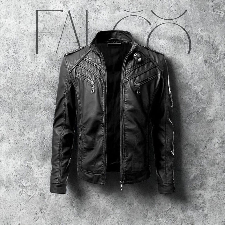 "Hochwertige Falco Lederjacke mit abnehmbarer Kapuze, wasserabweisend, vielseitiges Design für Herren, elegantes Aussehen."
