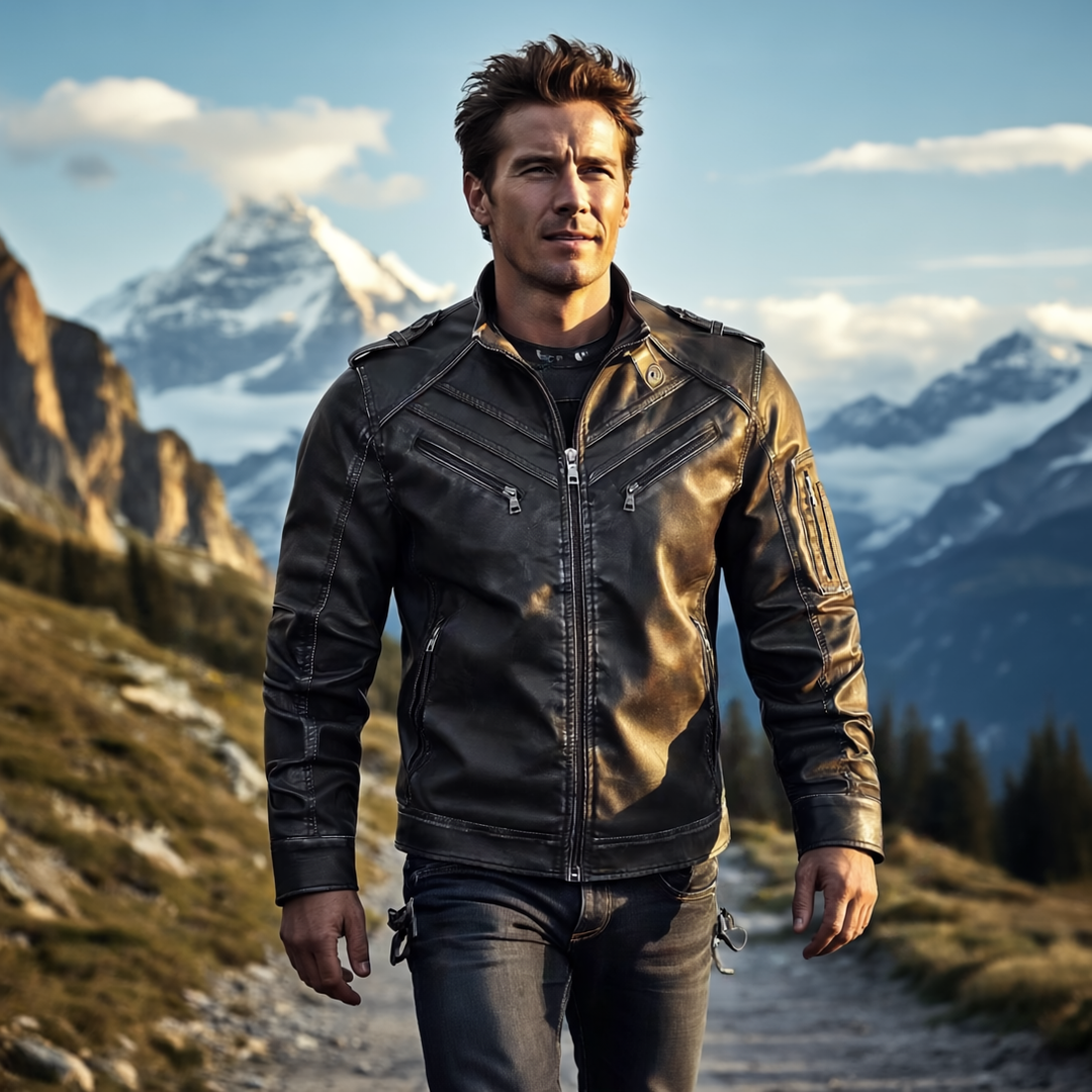 "Hochwertige Falco Lederjacke mit abnehmbarer Kapuze, wasserabweisend, vielseitiges Design für Herren, elegantes Aussehen."