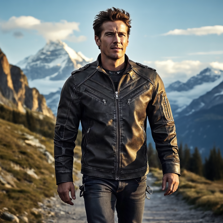 "Hochwertige Falco Lederjacke mit abnehmbarer Kapuze, wasserabweisend, vielseitiges Design für Herren, elegantes Aussehen."
