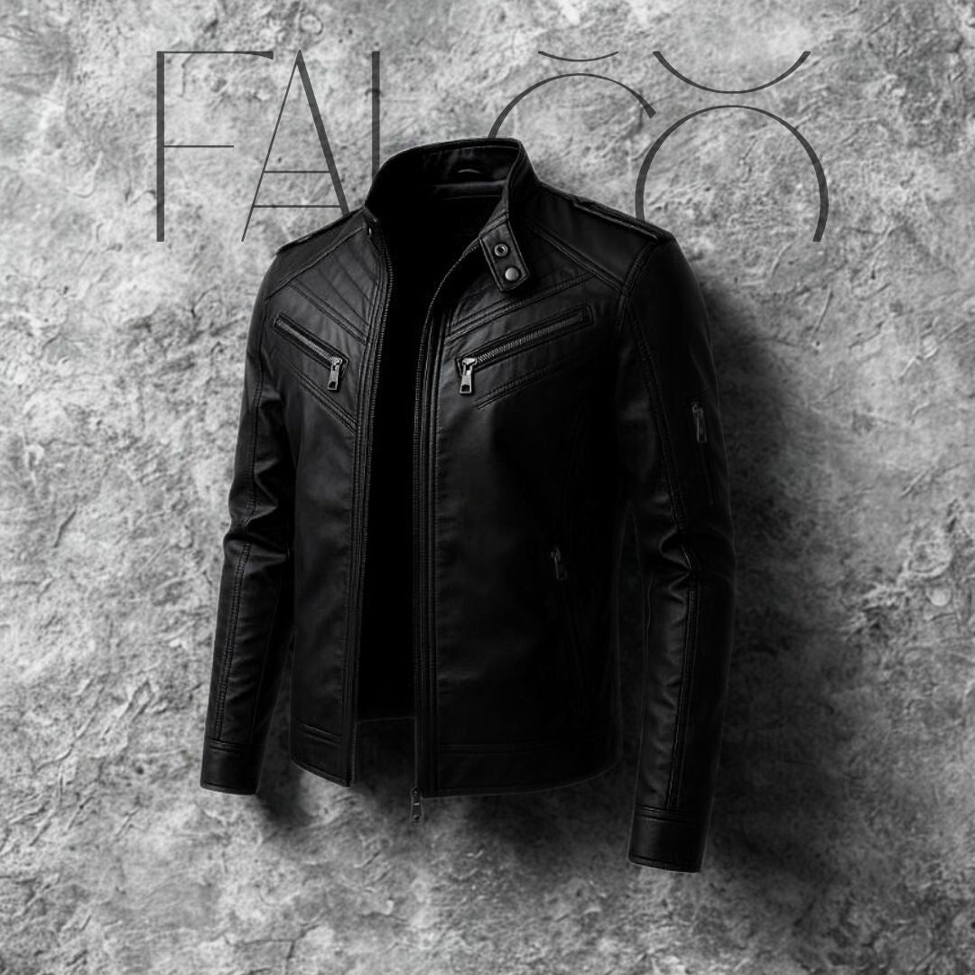 "Hochwertige Falco Lederjacke mit abnehmbarer Kapuze, wasserabweisend, vielseitiges Design für Herren, elegantes Aussehen."