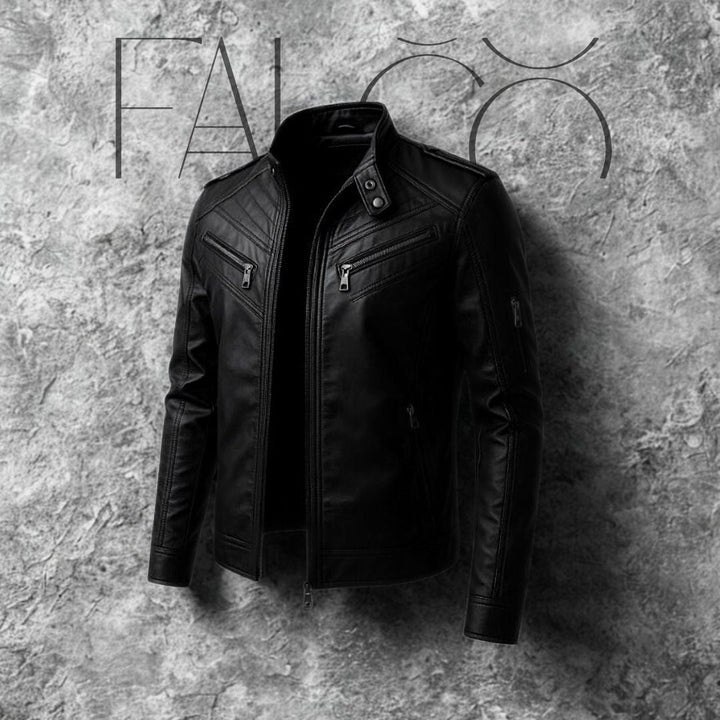 "Hochwertige Falco Lederjacke mit abnehmbarer Kapuze, wasserabweisend, vielseitiges Design für Herren, elegantes Aussehen."