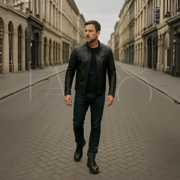 "Hochwertige Falco Lederjacke mit abnehmbarer Kapuze, wasserabweisend, vielseitiges Design für Herren, elegantes Aussehen."