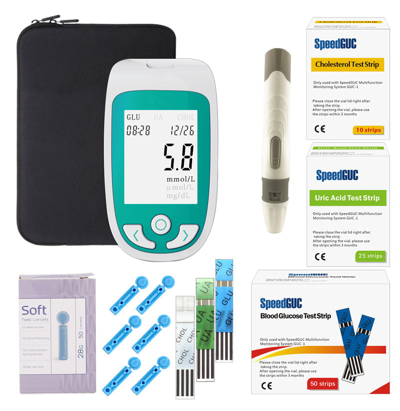 Compact home health monitor for easy self-testing of blood sugar, cholesterol, and uric acid. Diagnostic kit.