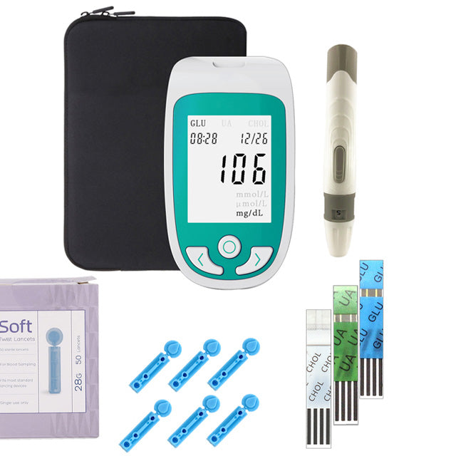 Digital home health monitor displaying quick results for cholesterol, glucose, & uric acid. Health management.