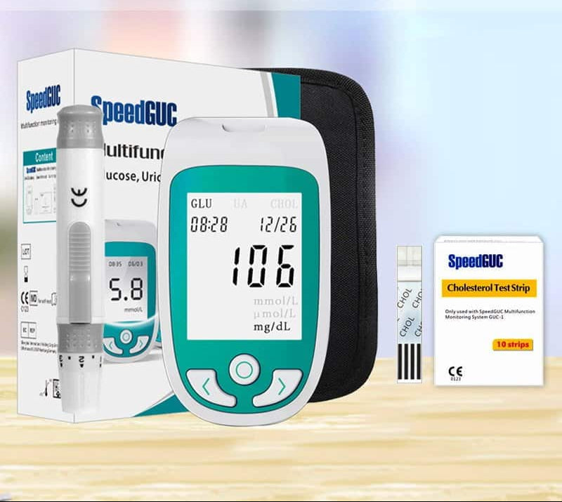 Comprehensive home health monitor for tracking cholesterol, blood sugar, & uric acid levels. Personal health.