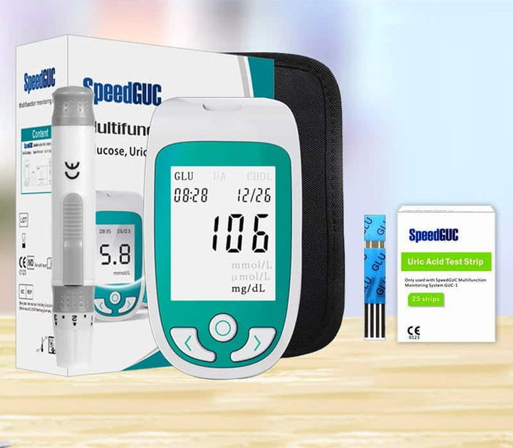 Home health monitoring kit: device, strips, lancets for cholesterol, glucose, & uric acid at-home testing.