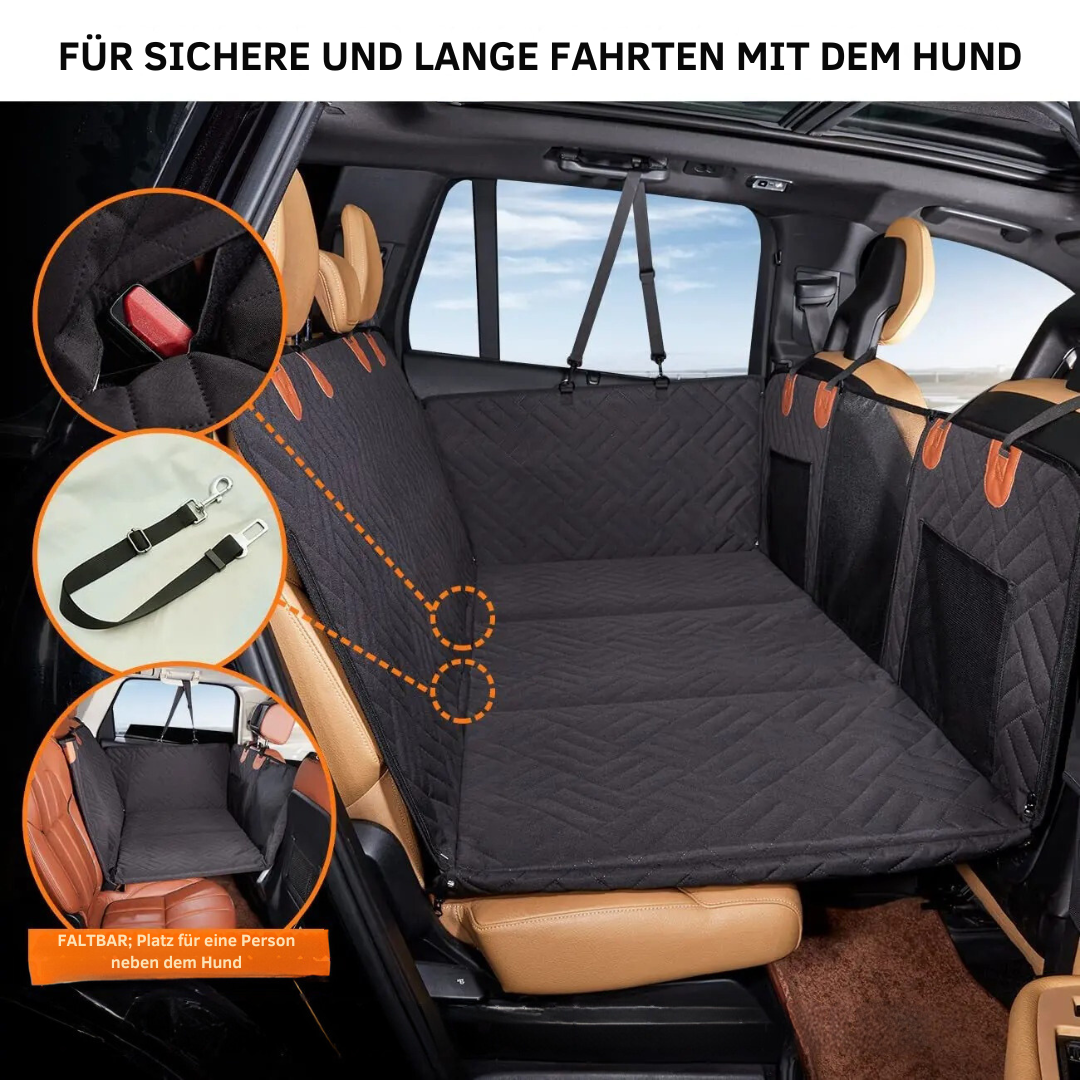 Hunde Autoschutzmatte mit Hartboden, Sicherheitswänden und Memory-Schaum für Komfort und Sauberkeit im Auto.