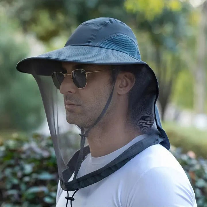Camping & fishing sun hat: wide brim, neck flap. Unisex, quick-dry, insect repellent for all outdoor activities.