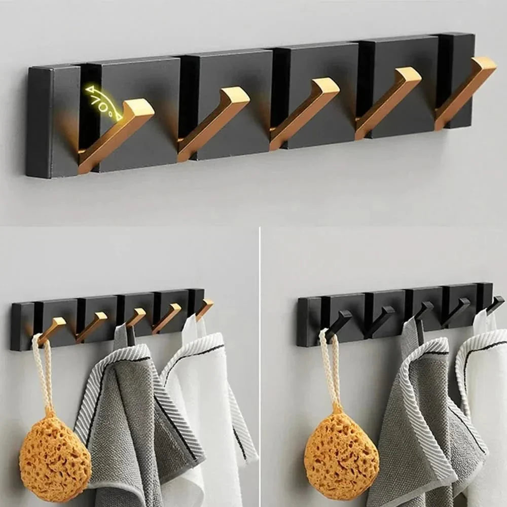 Discreet folded wall hook, modern aluminum design. Space-saving storage for any room when not in use.