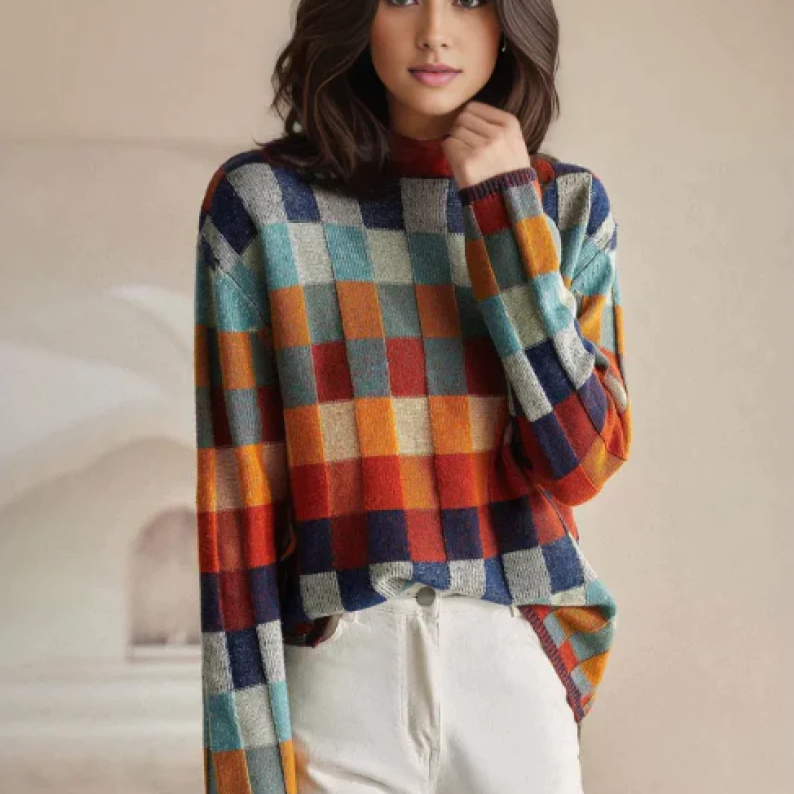Women's chic patchwork turtleneck sweater, perfect for cozy winter fashion. Long sleeve pullover top.