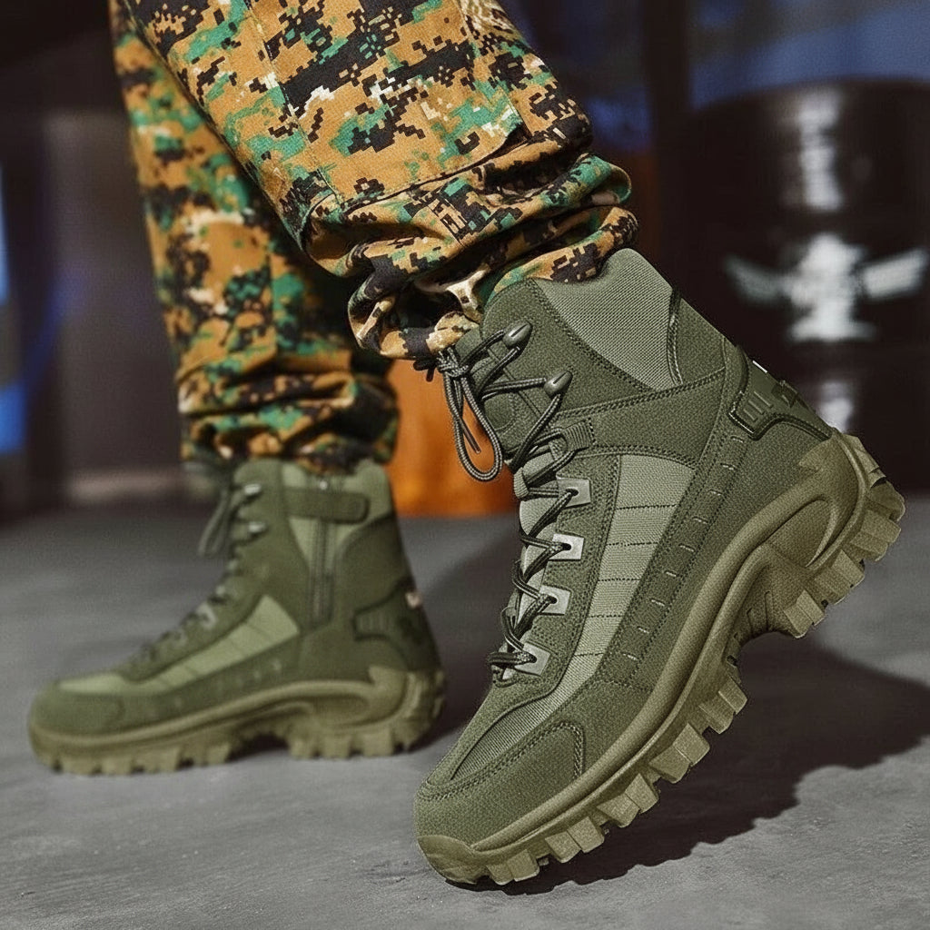 Green men's lace-up winter boots. Stylish, warm, and durable for cold weather outdoor activities.