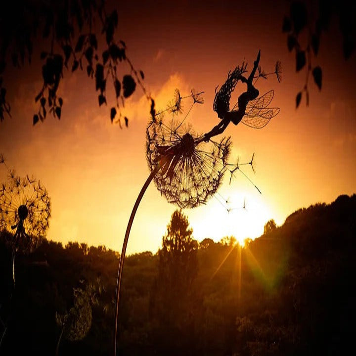 Charming metal fairy & dandelion sculpture, a unique garden stake ornament for patio decor.