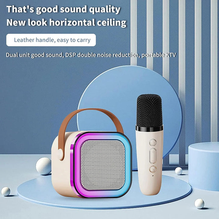 Compact portable karaoke speaker with wireless mics, ready to bring music & entertainment to any party or event.