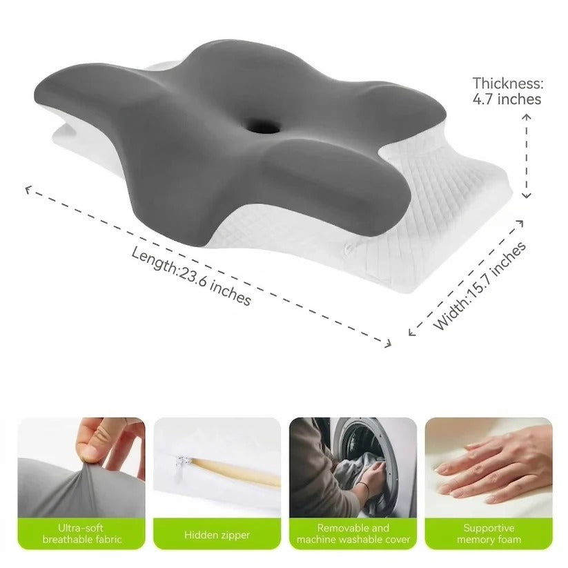 Unisex memory foam neck support pillow with an ergonomic contour and a refreshing, easy-to-clean cooling cover.