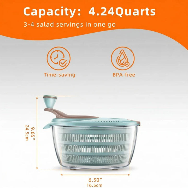 Dual drainage vegetable spinner, a non-slip kitchen tool designed for easy cleaning of greens.