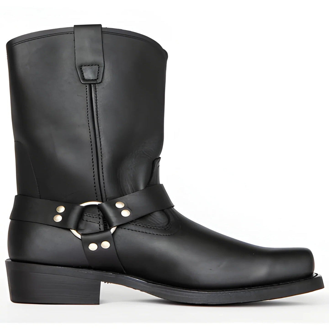 Men's rugged black leather harness boots with 11-inch shaft & non-slip sole, ideal for work or motorcycle riding.