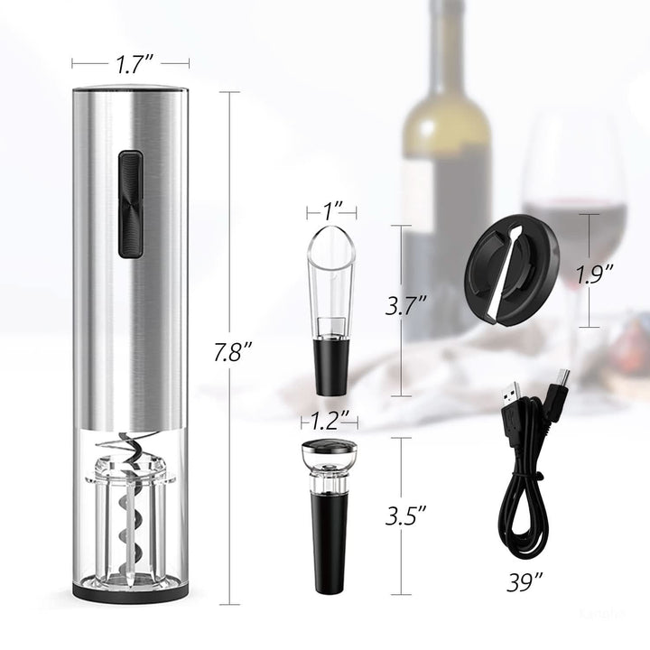 Automatic electric wine bottle corkscrew. Cordless rechargeable design, a modern kitchen gadget for wine lovers.