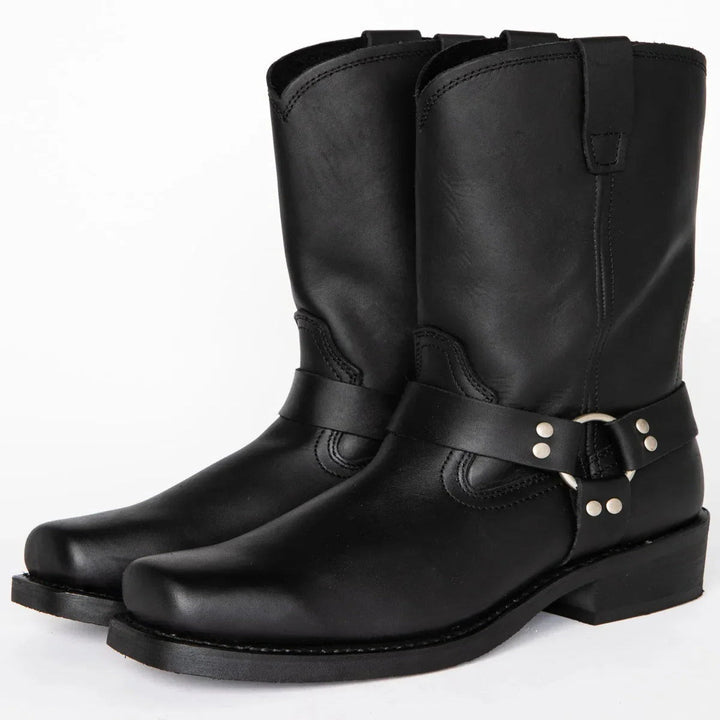 High-quality men's leather harness boots, 11-inch shaft, with rugged design & non-slip sole for all-day comfort.