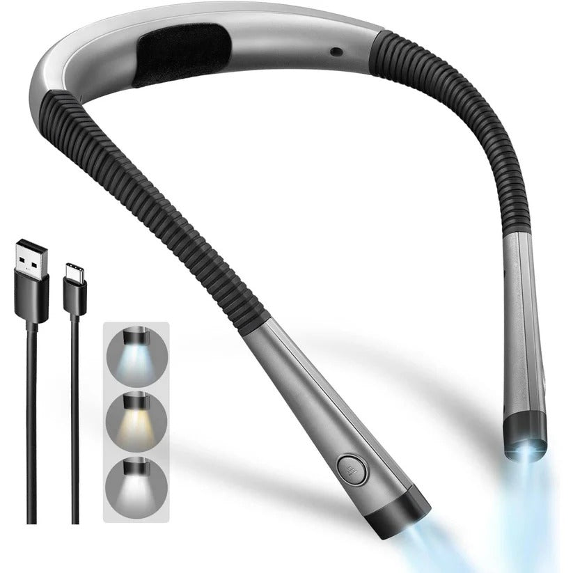 Rechargeable LED neck reading light for hands-free book reading, crafting, or knitting. Flexible arms, 3 colors.