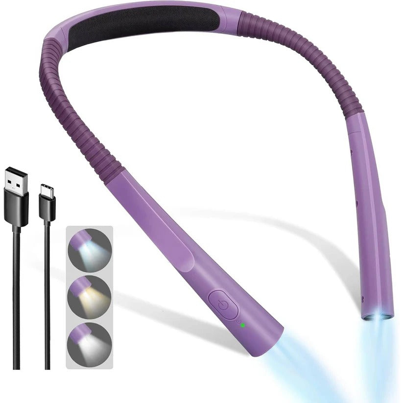 Hands-free neck book light, rechargeable with flexible arms & 3 color temperatures. Ideal for readers & crafters.