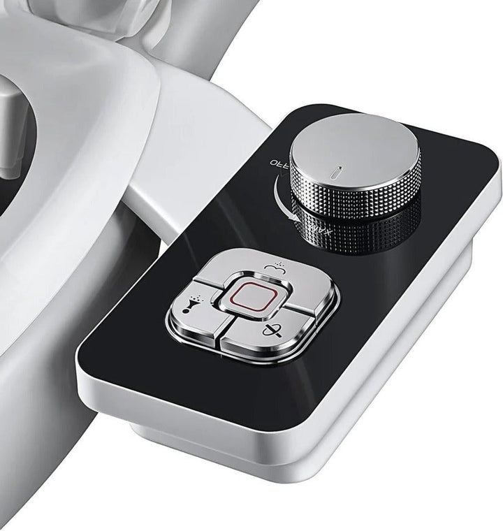 Cold water bidet attachment with self-cleaning dual nozzles for superior personal hygiene. A non-electric bathroom upgrade.