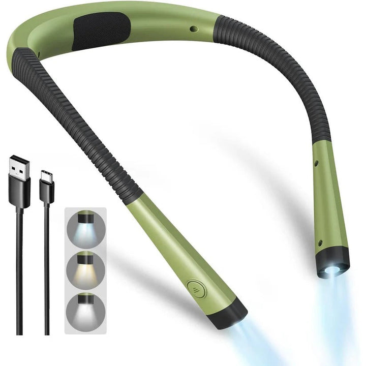 Unisex rechargeable LED neck light for reading. Hands-free design, flexible arms, 3 color modes for comfort.