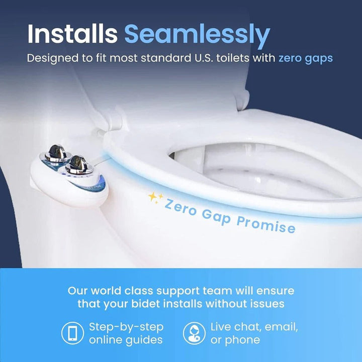 Unisex single nozzle bidet toilet attachment. Non-electric, features adjustable water pressure for a fresh clean.