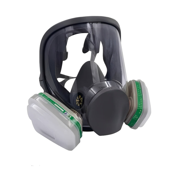 Durable full face respirator mask, anti-fog lens for clear vision, essential personal protection in work safety.