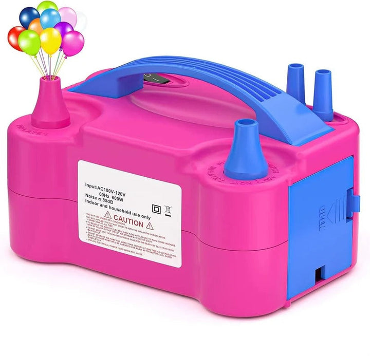 Powerful electric balloon pump with two nozzles for rapid inflation of party balloons and celebration decor.