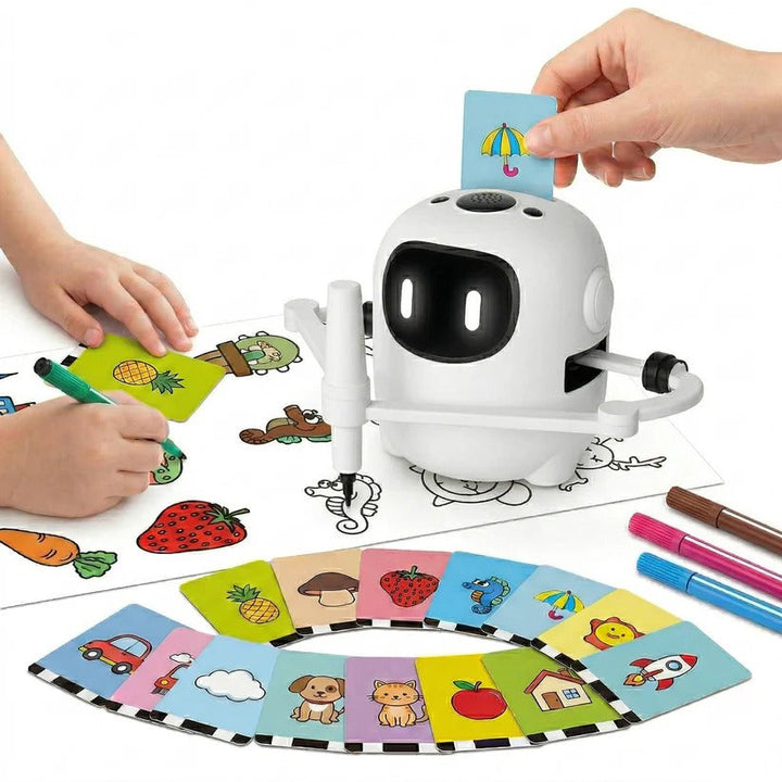 Kids' voice-interactive drawing robot with 150 activity cards for creative learning and art.