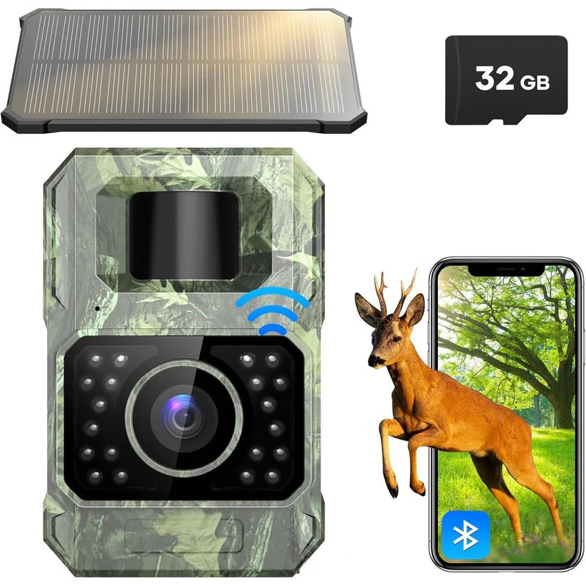 Outdoor solar trail camera with 48MP for crisp wildlife photos & 1080p video, featuring night vision & wireless control.
