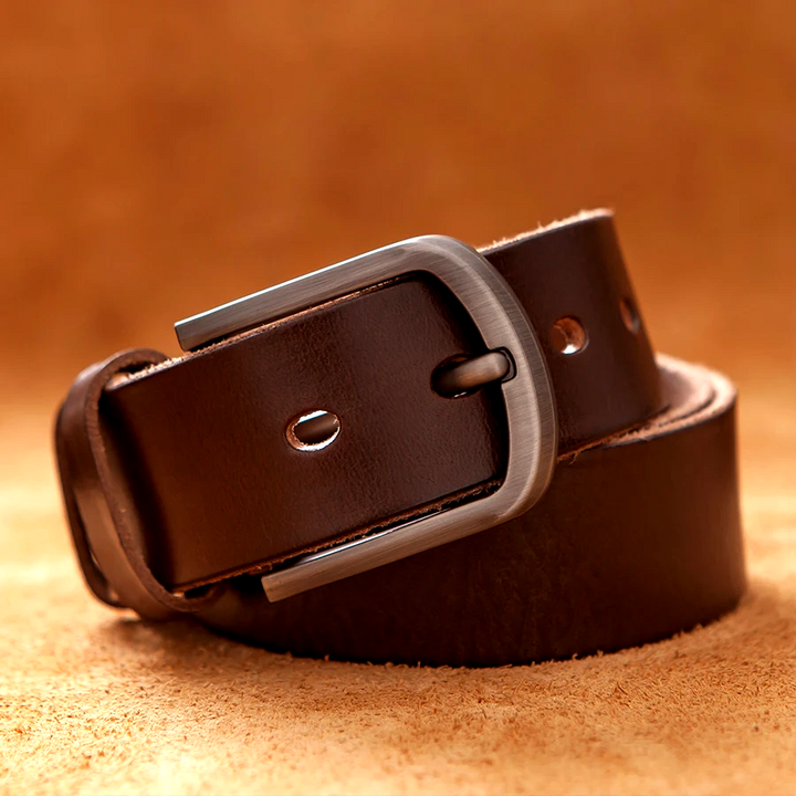 Black genuine leather men's belt, durable classic style with a vintage metal buckle.