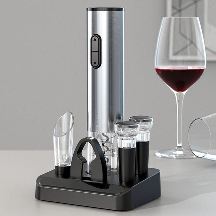 Automatic cordless electric wine bottle opener. Rechargeable stainless steel corkscrew for easy wine opening.