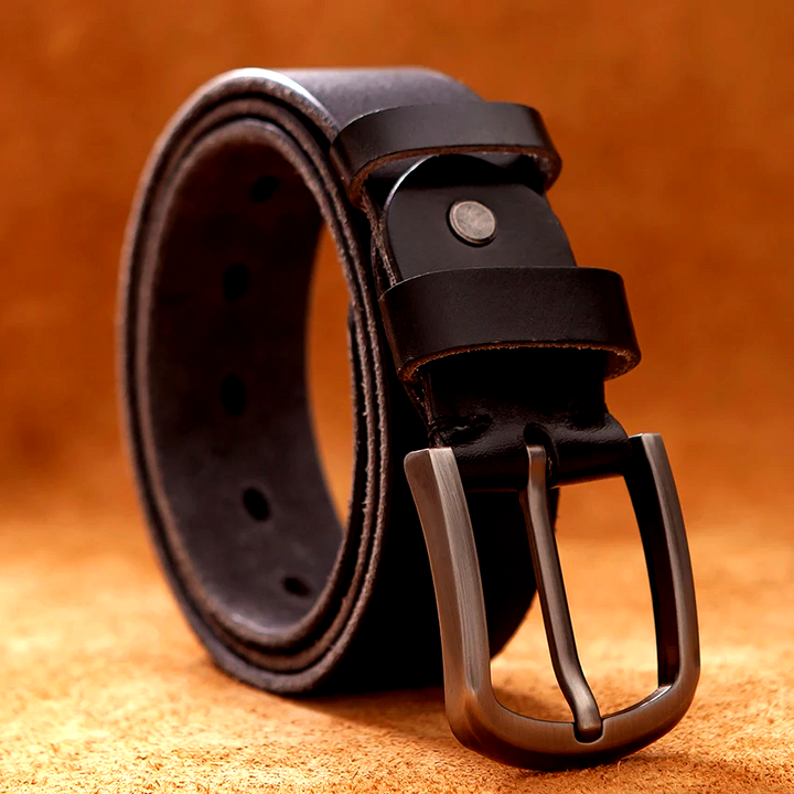 Coffee brown genuine leather men's belt, classic durable design with an antique brass vintage buckle.