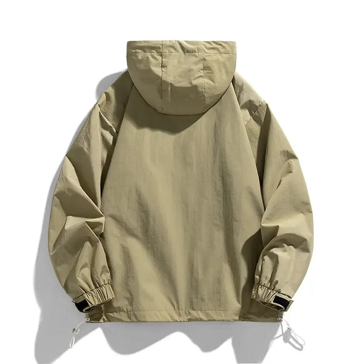 Black men's half-zip windbreaker jacket. Lightweight, adjustable casual outerwear, perfect for all weather.