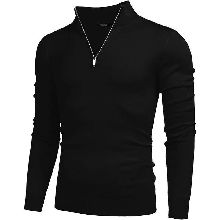 Stylish men's long sleeve quarter zip knit sweater. Comfortable cotton merino pullover, ideal for smart casual looks.