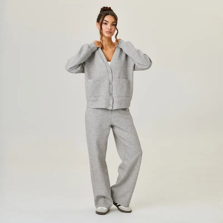 Navy blue women's comfortable knit lounge set, a two-piece outfit perfect for relaxing at home.