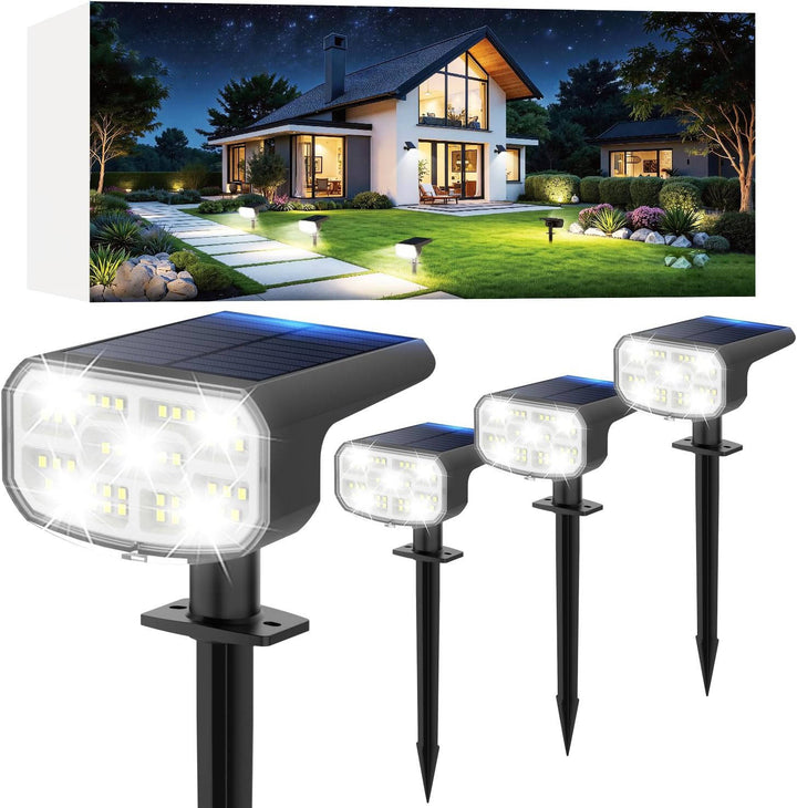 Energy-efficient outdoor solar garden spotlights, auto dusk to dawn sensor, dual brightness for pathways & patios.