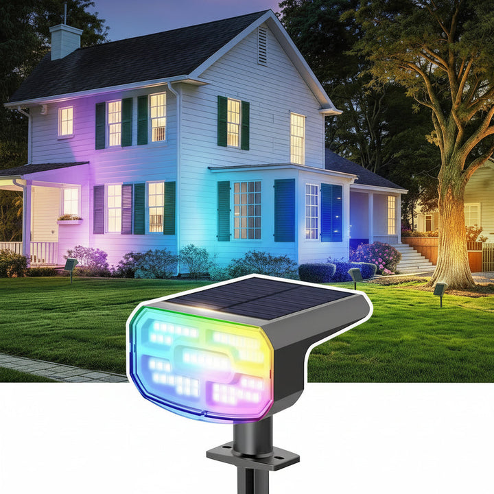 Set of 4 cool white solar landscape spotlights with auto on/off, waterproof design for patio & garden illumination.