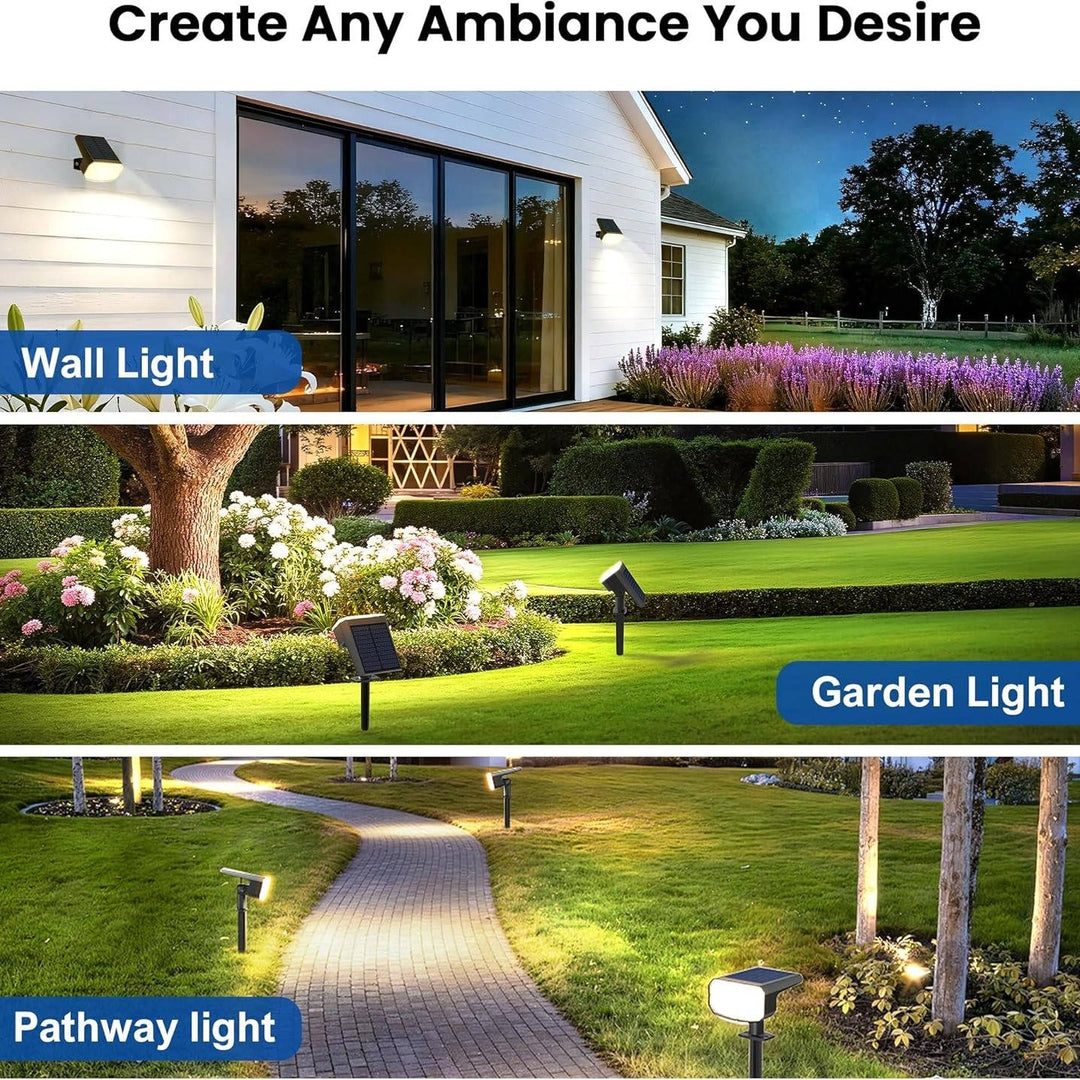4-pack outdoor solar spotlights with dual brightness & auto on/off. Excellent for garden, patio & landscape lighting.