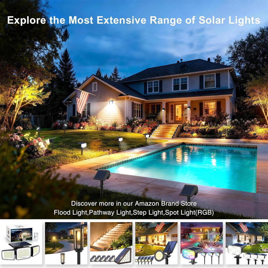 Durable 4-pack outdoor solar garden spotlights, dual brightness, auto on/off for illuminating landscapes.