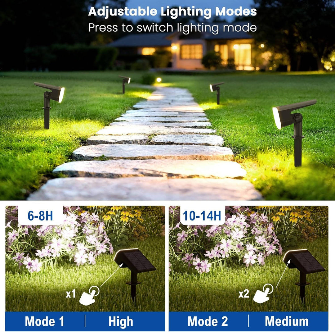 Bright cool white solar spot lights, 4-pack, auto dusk to dawn sensor for efficient outdoor pathway illumination.