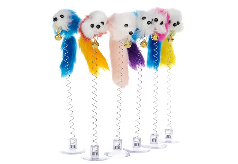 Close-up of a feather mouse cat toy with a durable suction cup, perfect for active kittens and adult cats.