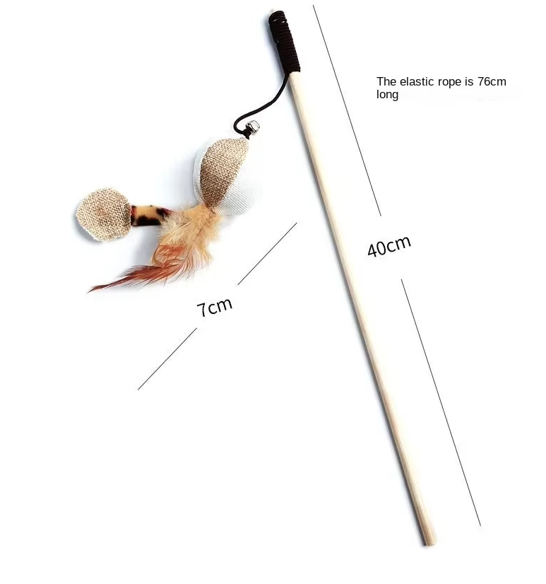 Handheld interactive cat toy with colorful feathers and a small jingling bell.