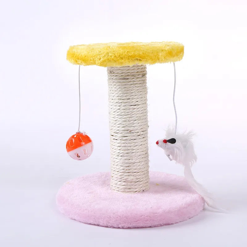 Cat scratching post featuring a dangling mouse toy, engaging felines in active and healthy play.